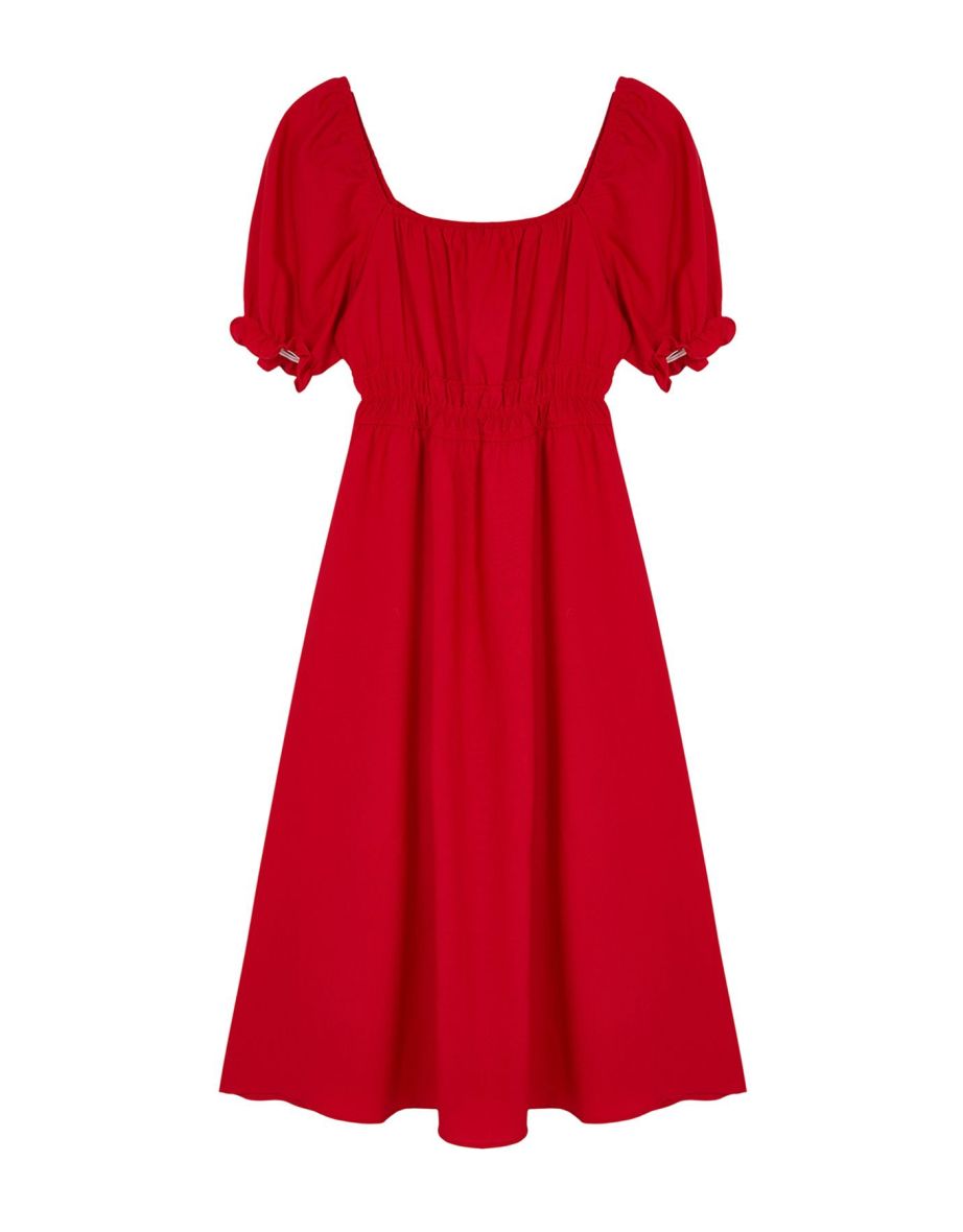 Red Balloon Sleeve Midi Woven Dress - 6