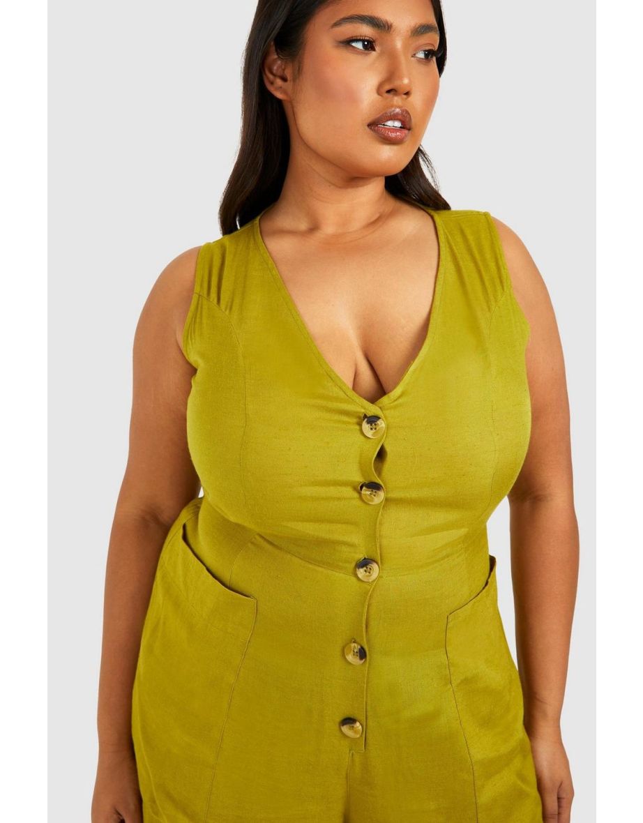 Plus Woven Tailored Button Down Jumpsuit - khaki - 3