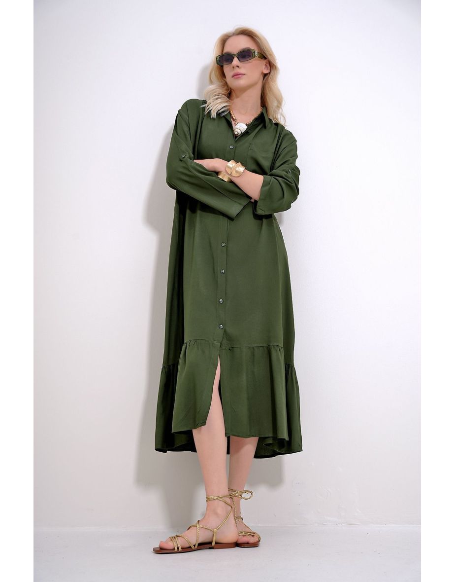 Shop Women s Khaki Single Pocket Skirt Flounced Back Printed Woven Viscose Shirt Dress Online in Bahrain VogaCloset