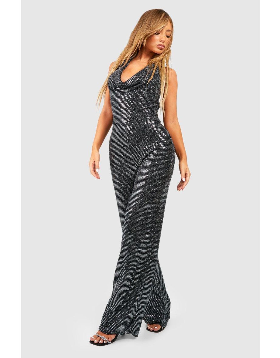Glitter Extreme Cowl Neck Jumpsuit - slate