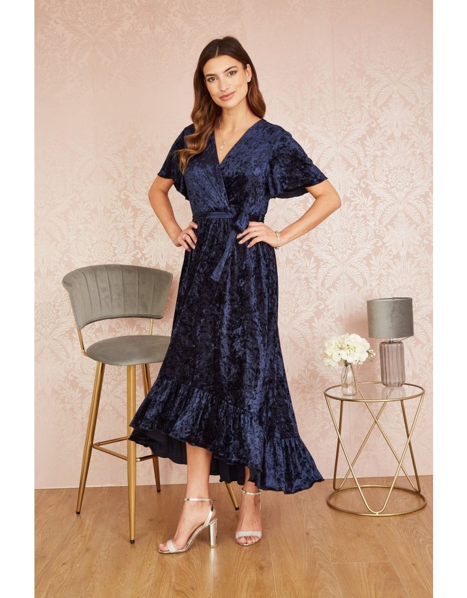 Shop Yumi Navy Velvet Wrap Over Angel Sleeve Midi Dress Online in Bahrain VogaCloset