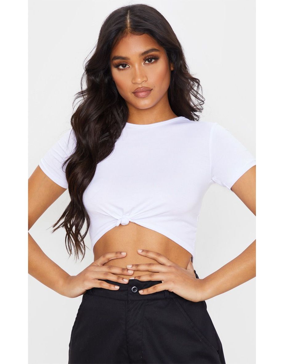 White Jersey Knot Front Crop T Shirt