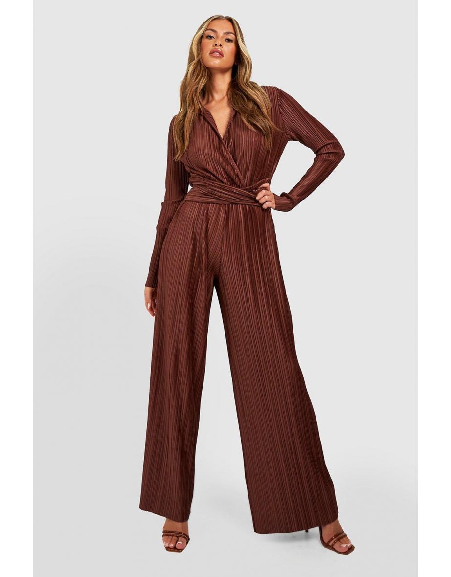 Premium Plisse Collared Jumpsuit - chocolate