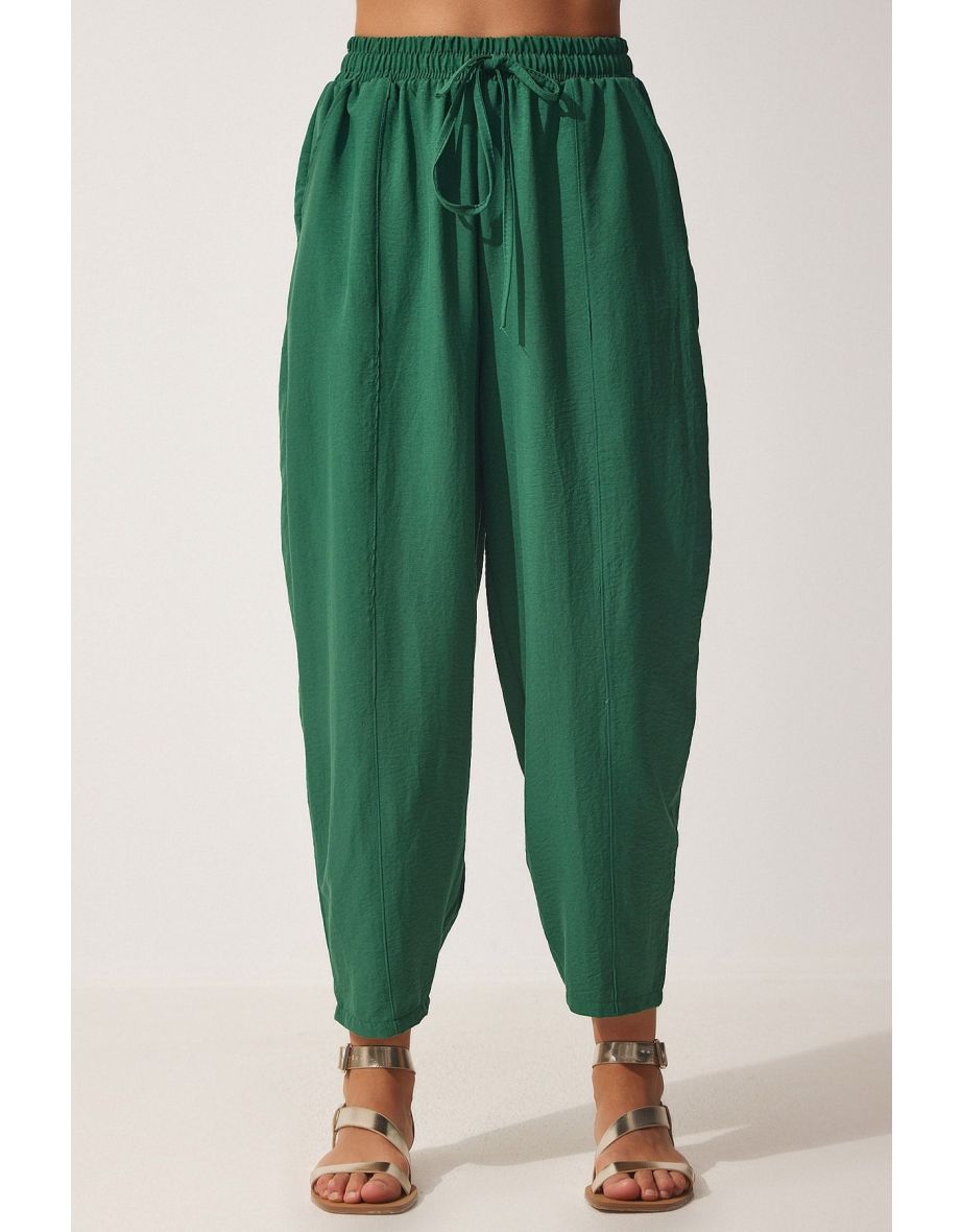 Women's Dark Green Linen Baggy Baggy Pants - 2