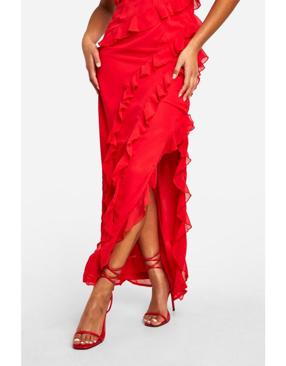 Ruffle Chiffon Maxi Dress - red - 3
