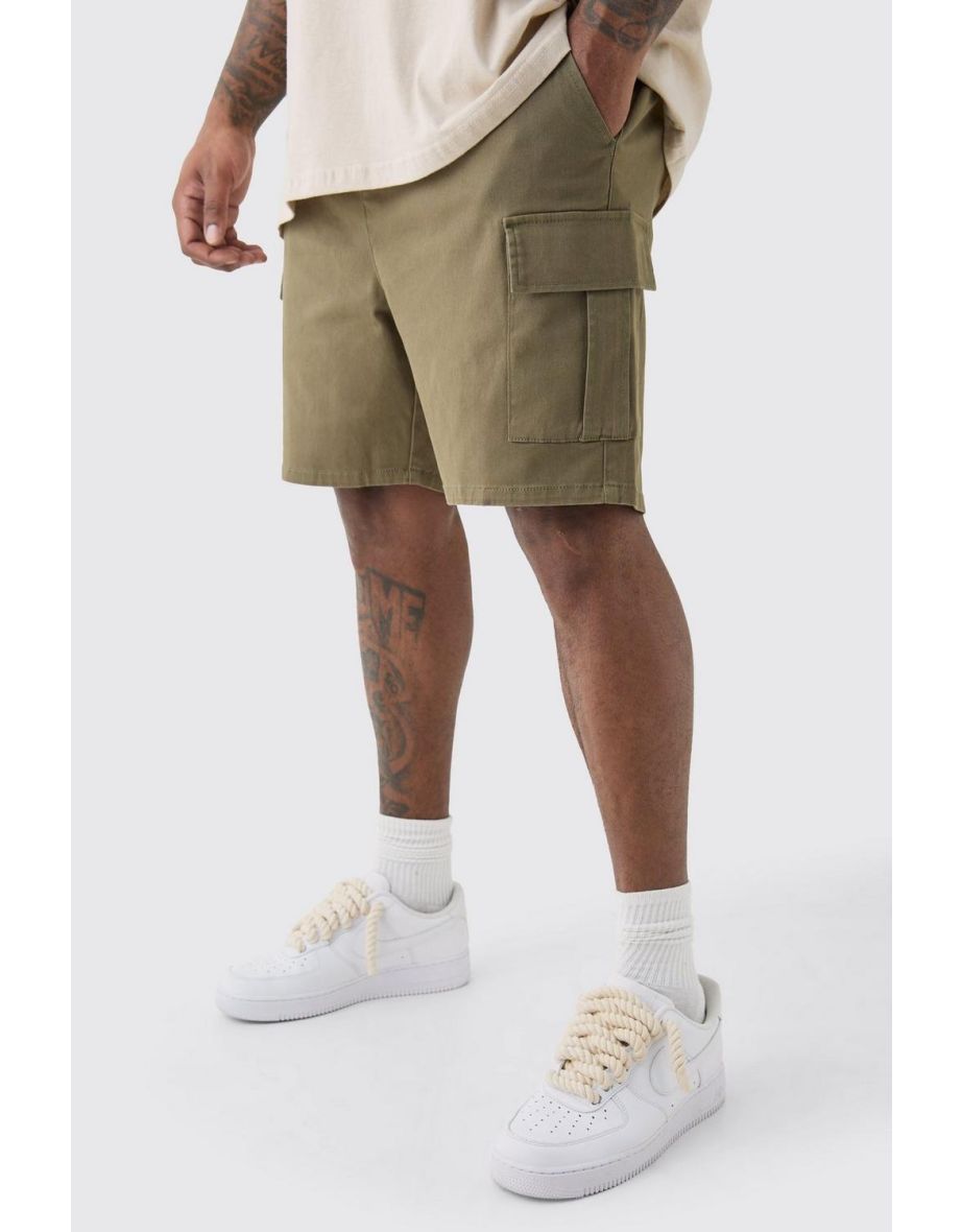 Plus Elastic Waist Khaki Skinny Fit Cargo Shorts - khaki