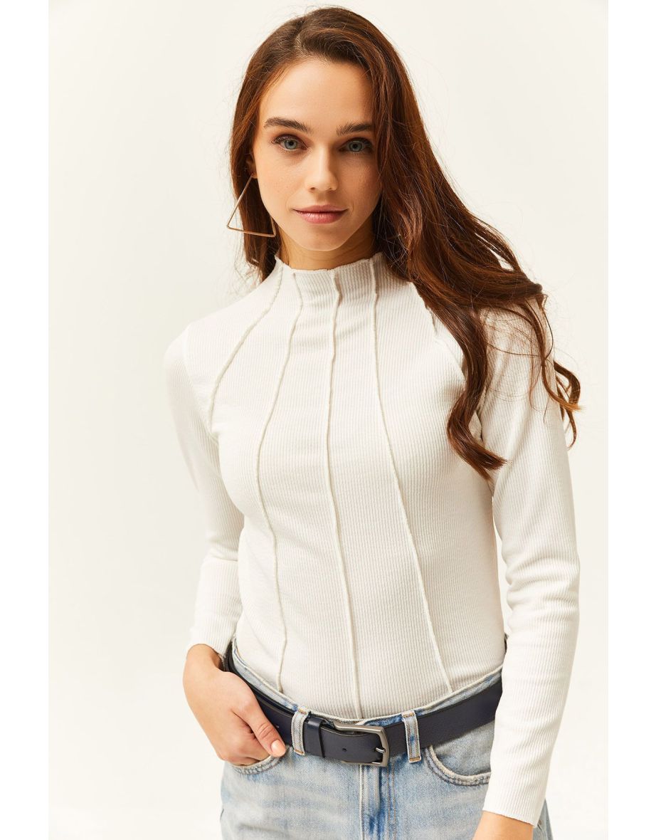 Women's White Pieced High Neck Lycra Crop Blouse