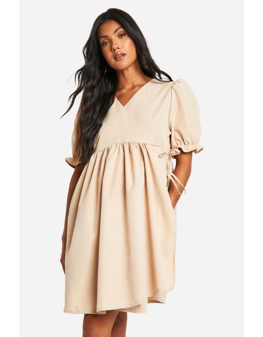Maternity Puff Sleeve Wrap Mini Smock Dress - stone