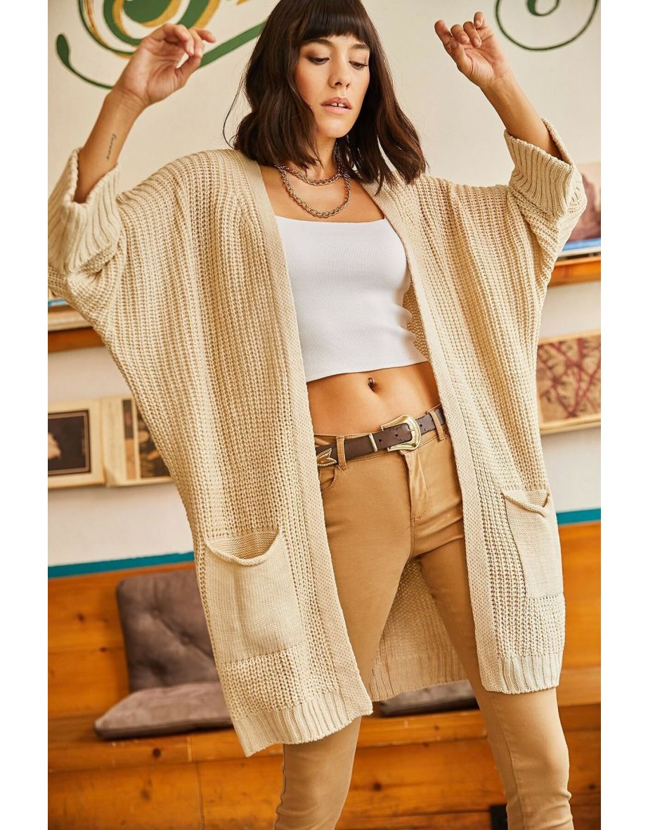 Women's Stone Rolled Sleeves Loose Knitwear Cardigan with Pocket - 2