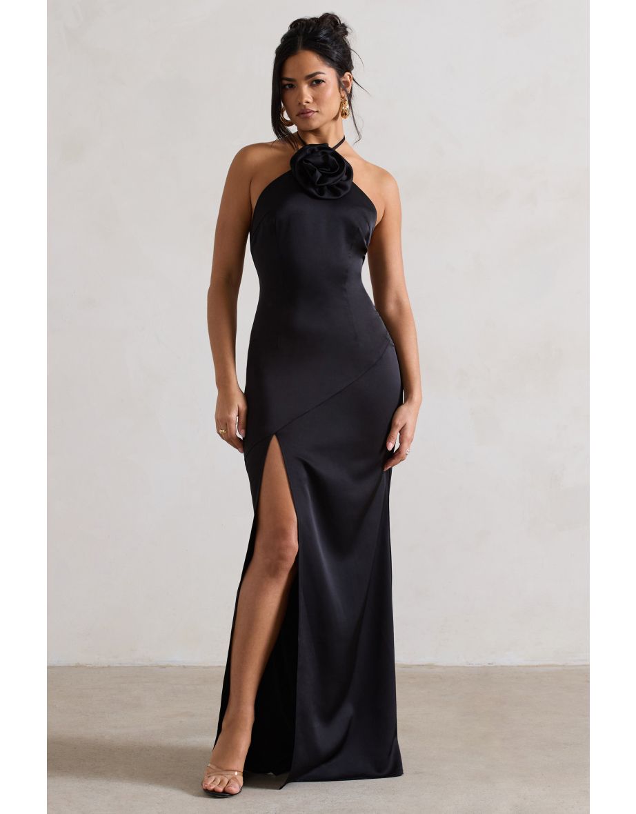 Cesca | Black Satin Halter-Neck Maxi Dress With Flower Corsage