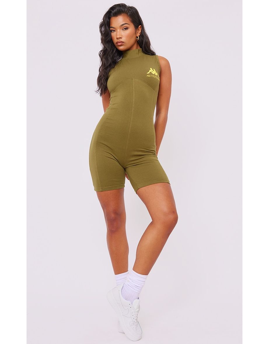 Kappa Khaki Racer Neck Printed Zip Up Unitard