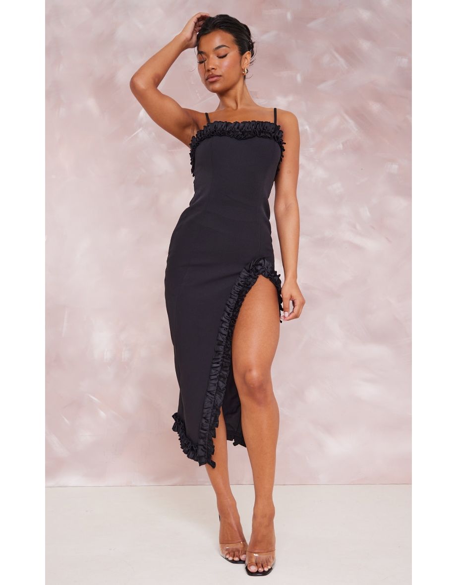 Black Ruffle Trim Split Midi Dress
