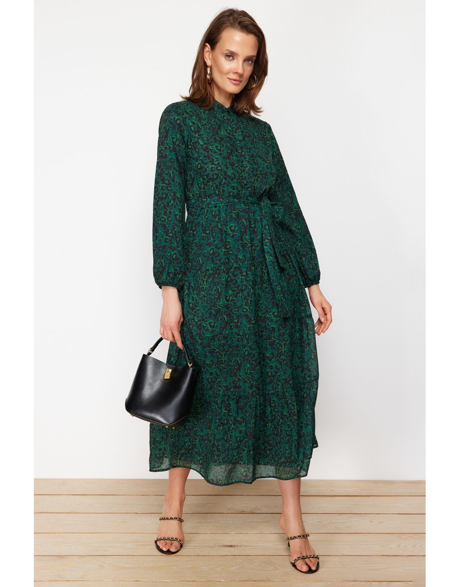 Green Chiffon Column Midaxi Smock Dress with Long Sleeves - 8