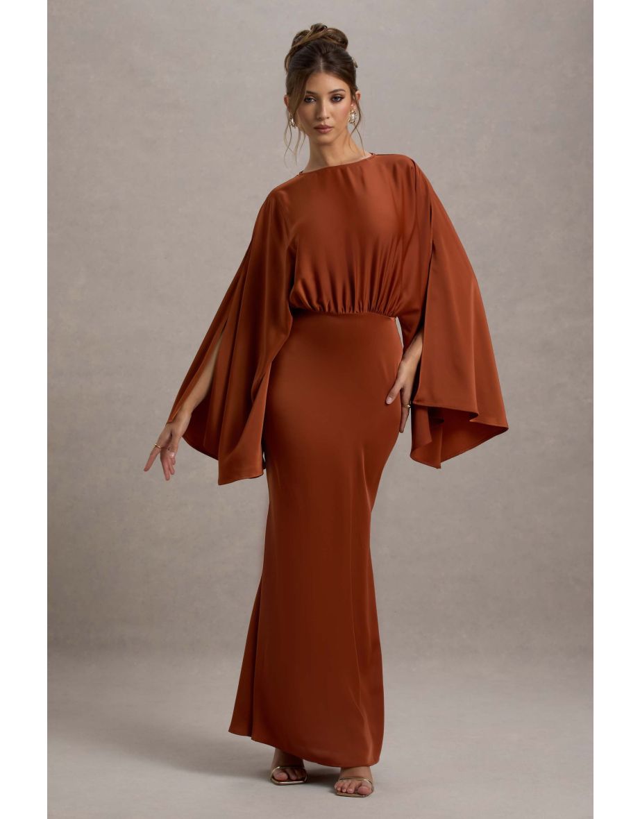 Zuzanna | Rust Draped Maxi Dress With Cape Sleeves