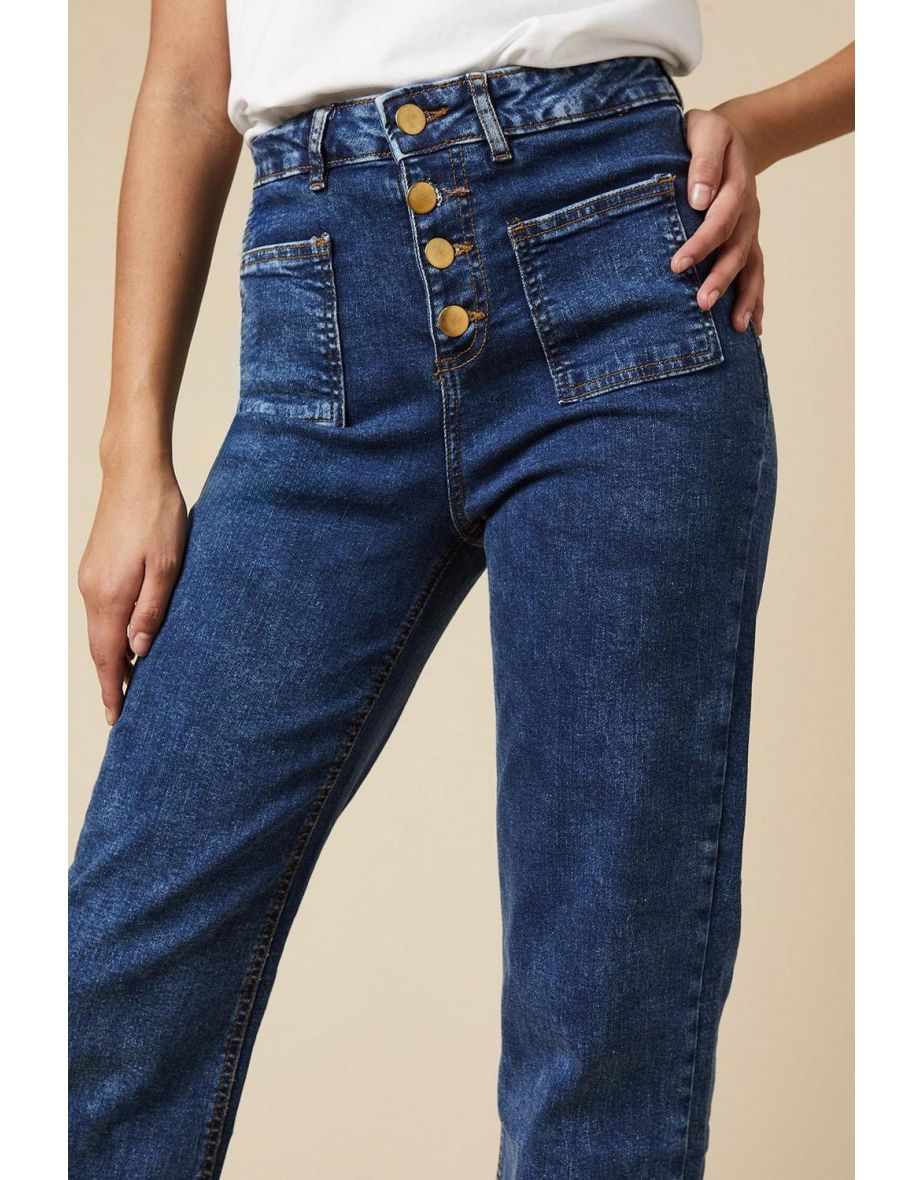 Petite High Rise Button Detail Patch Pocket Flare Jeans - 3