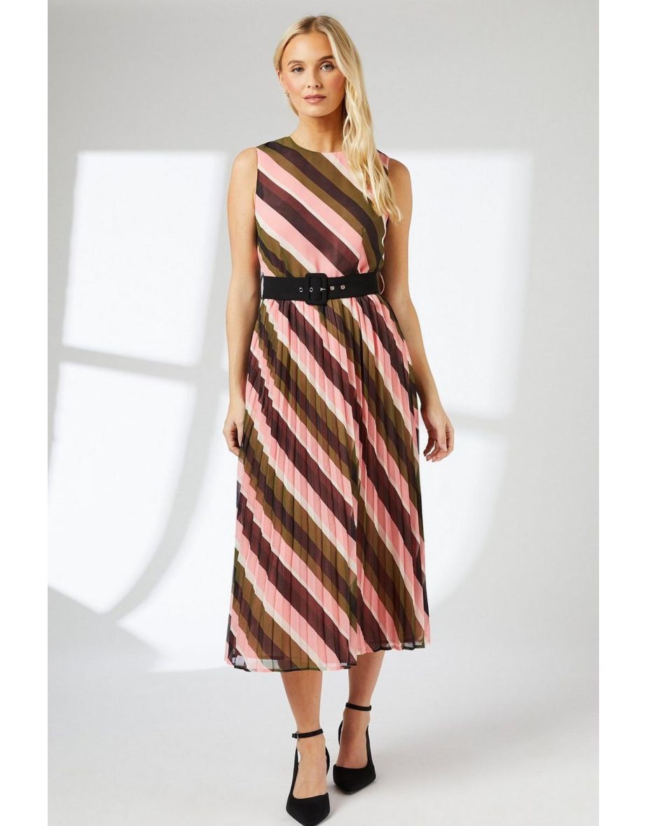 Stripe Print Sleeveless Belted Pleated Midi Dress