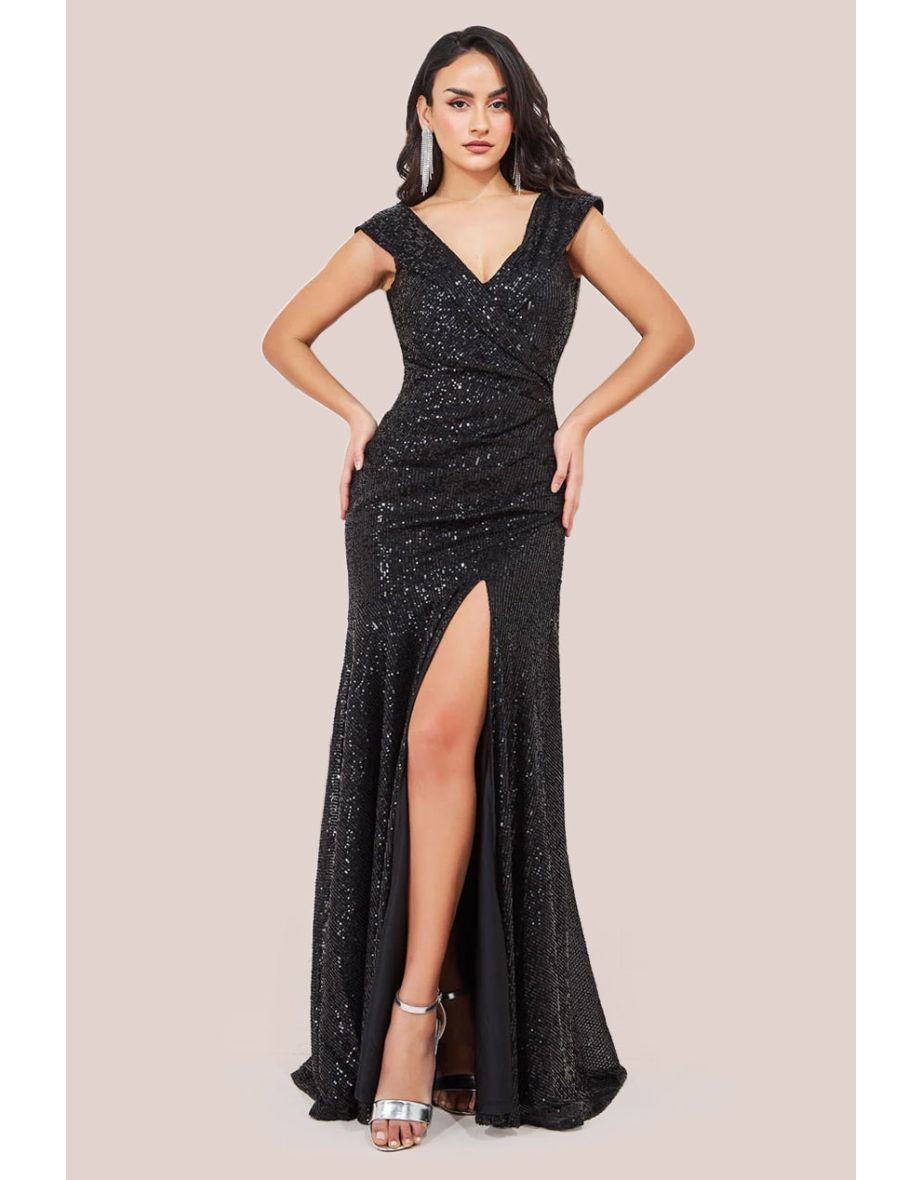Goddiva Bardot Sequin Pleated Maxi Dress - Black