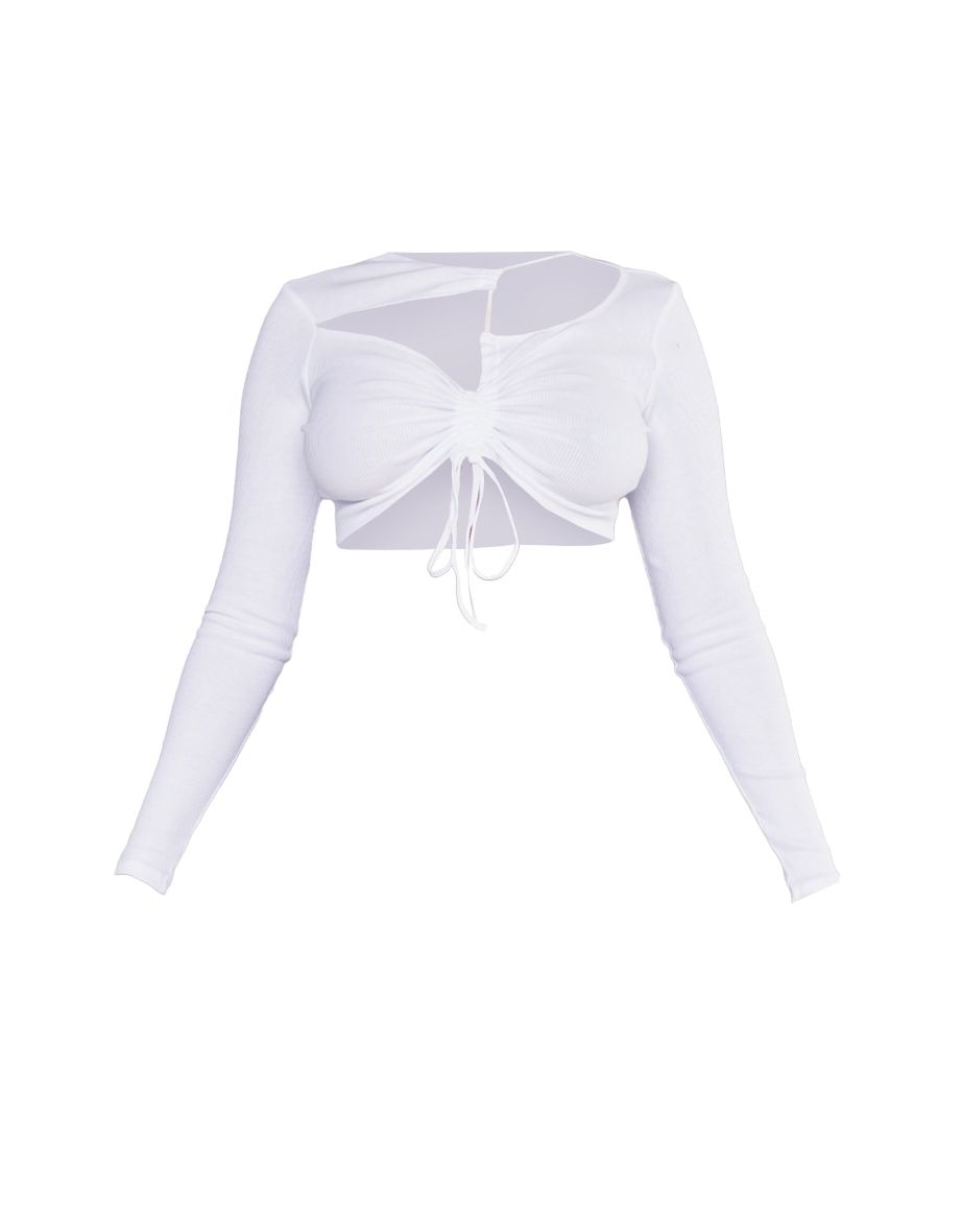 White Rib Asymetric Drawstring Long Sleeve Crop Top - 4