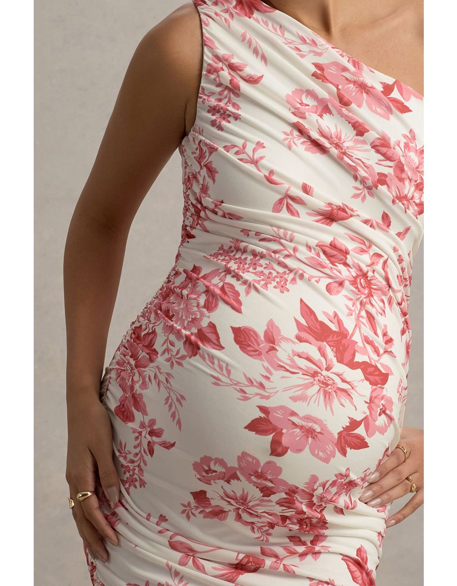 Late Night | Pink Floral Print Maternity Ruched One Shoulder Midi Dress - 5