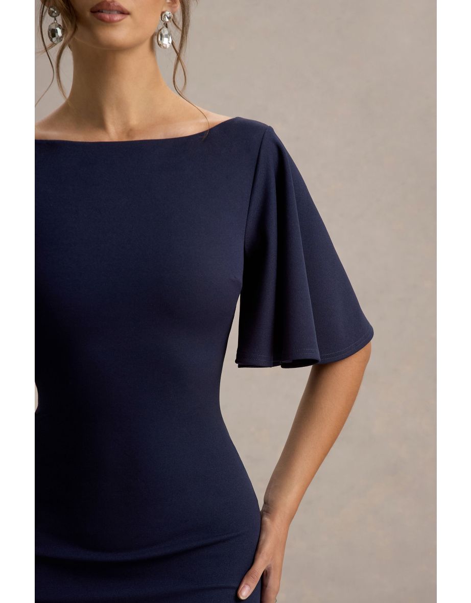 Ashling | Navy Flutter-Sleeve Hanky-Hem Midi Dress - 5
