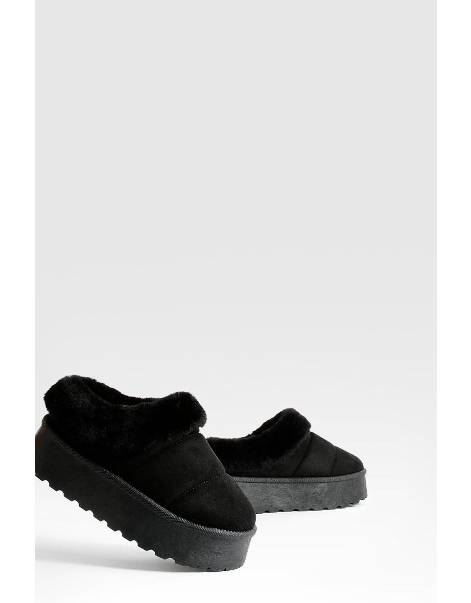 Platform Fur Lined Cosy Mules - black - 3