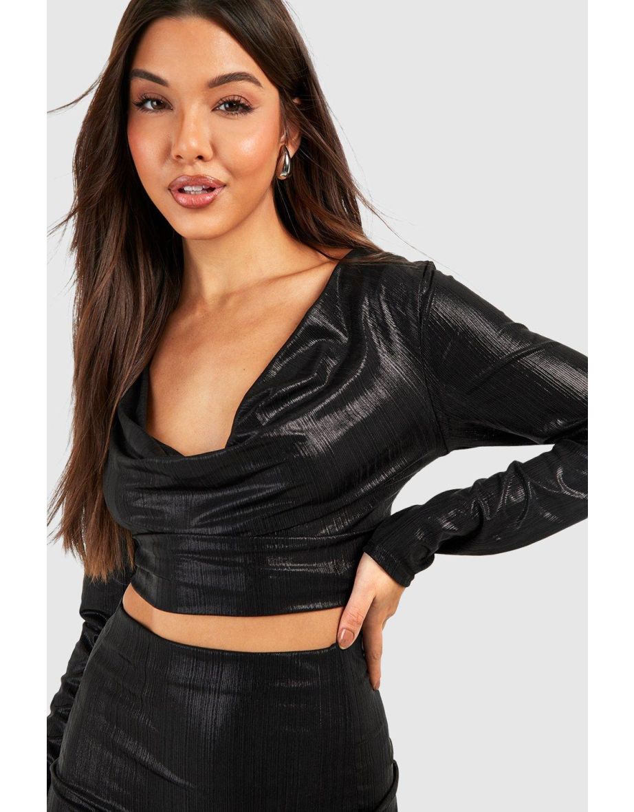 Metallic Cowl Top & Maxi Skirt Set - black - 3