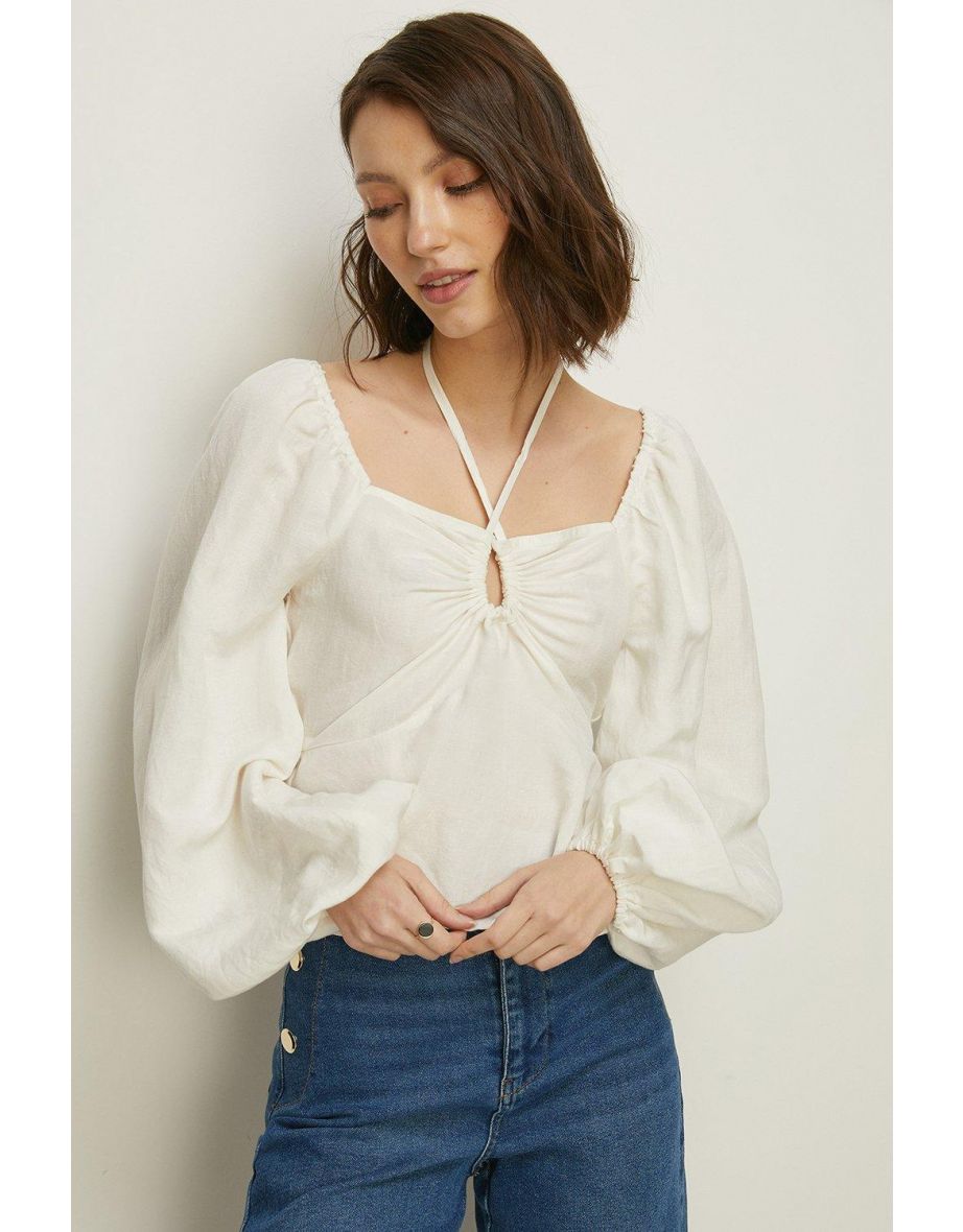 Linen Mix Keyhole Tie Front Top
