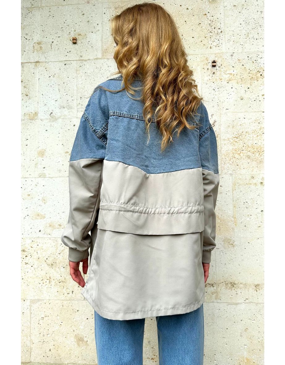 Women's Gray Four Pocket Parachute Garnish Oversize Jean Jacket - 4