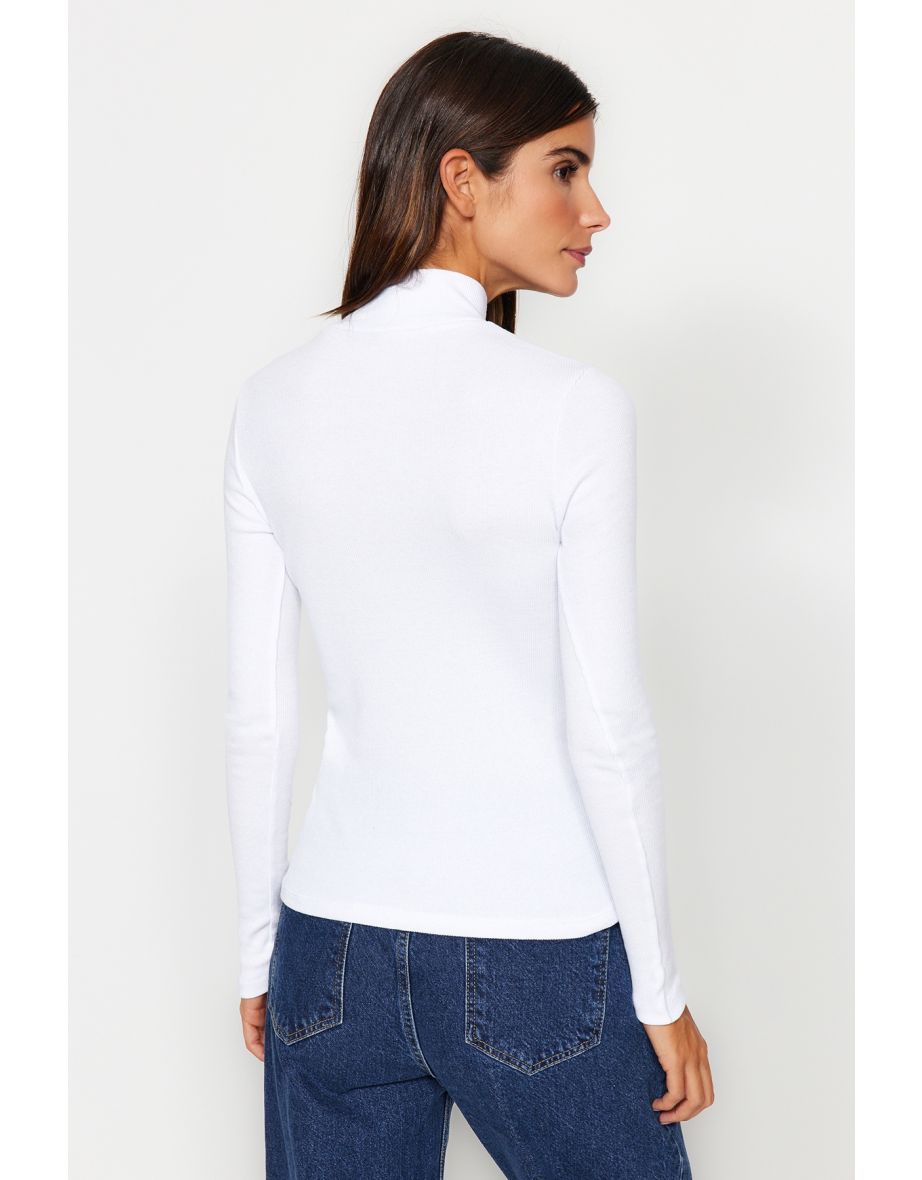 Black-White 2 Pack Ribbed Stand Collar Fitted Long Sleeve Stretchy Knitted Blouse - 12
