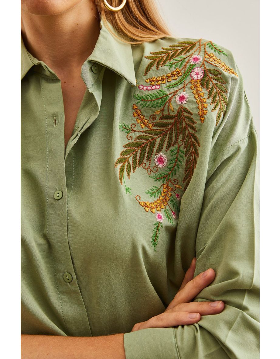 Women's Leaf Mold Green Embroidery Detailed Oversize Woven Shirt - 6