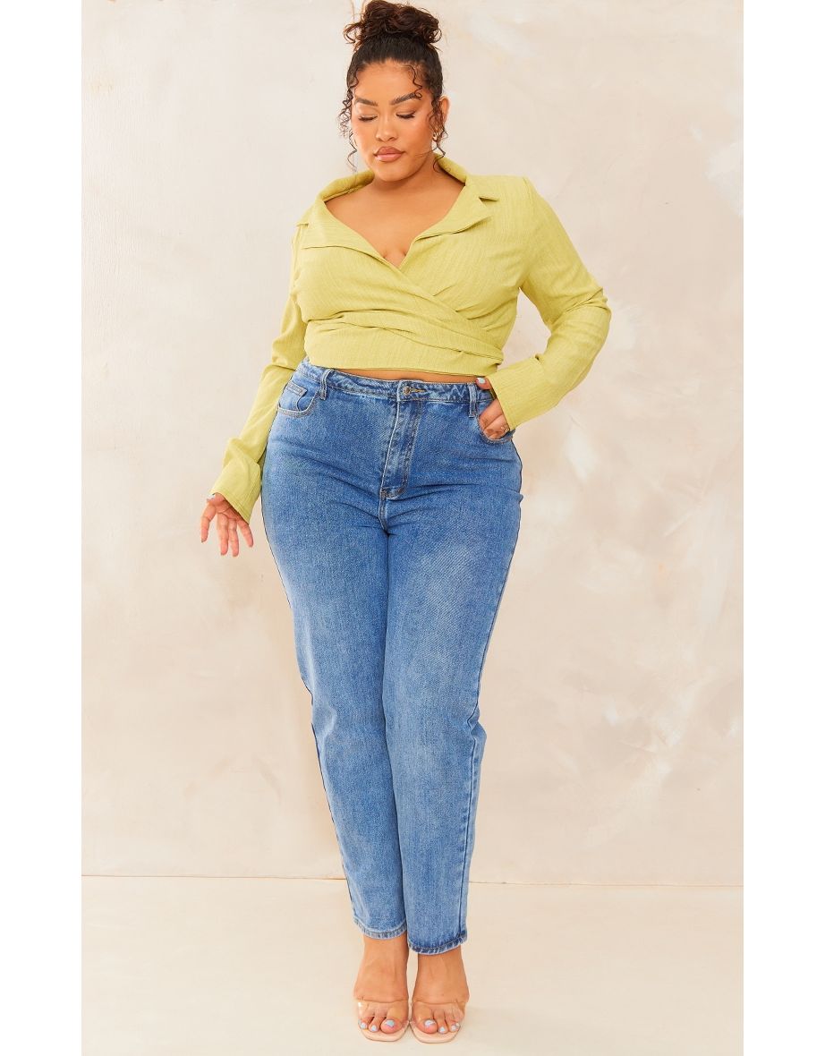 Plus Olive Textured Wrap Around Crop Blazer