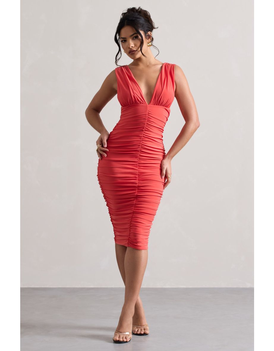 Attract | Coral Ruched Plunge-Neck Dress