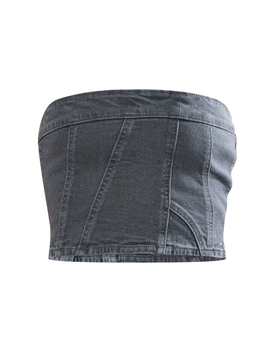 Washed Grey Bandeau Seam Detail Denim Corset Top - 4