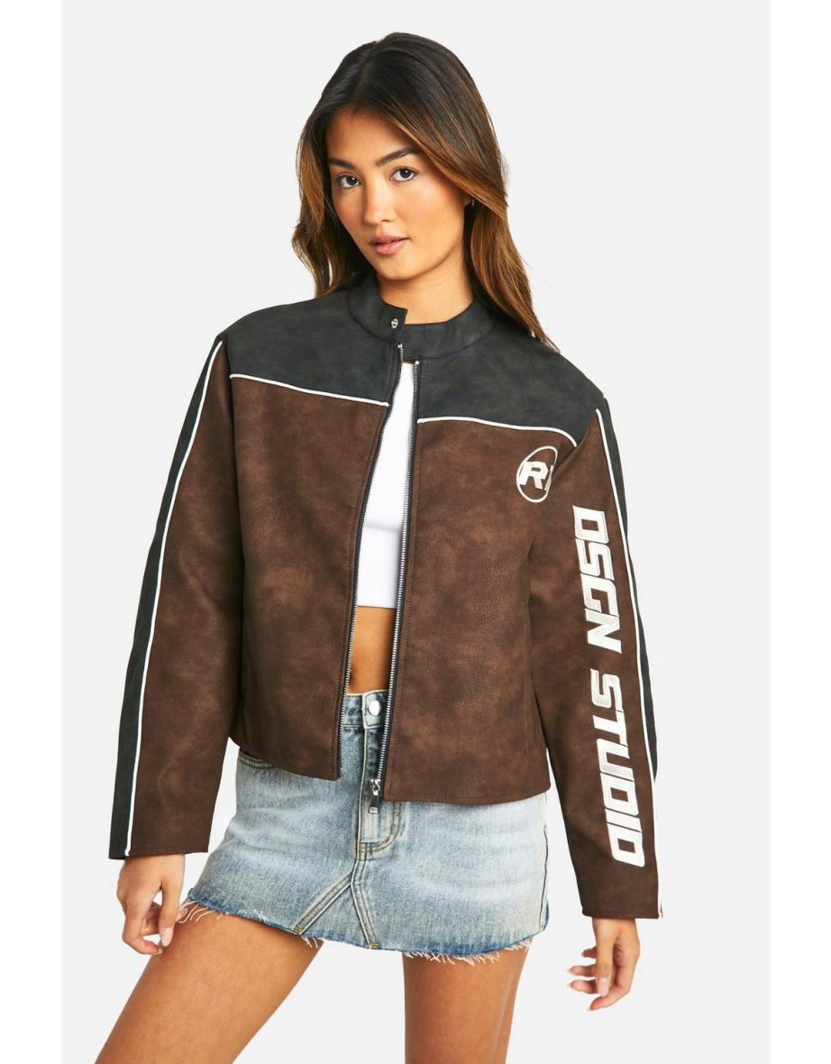 Embroidered Fitted Vintage Look Faux Leather Moto Jacket - brown