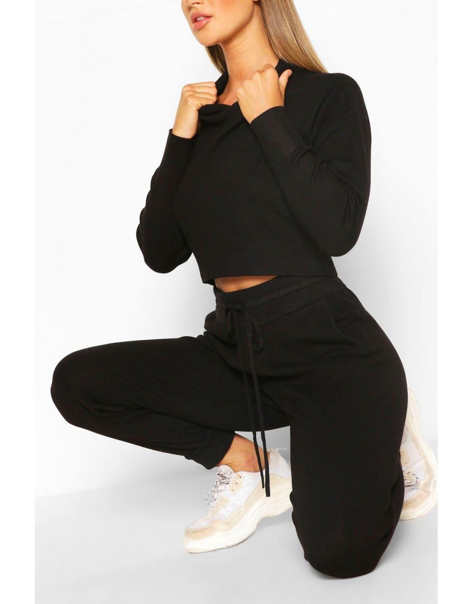 Knitted Crop Hoody & Jogger Co-ord - black