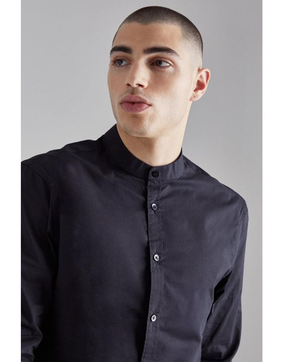 Long Sleeve Grandad Collar Shirt - black - 2