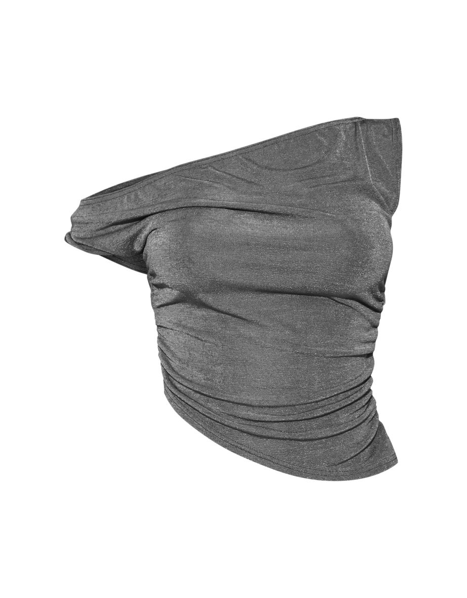 Khaki Acetate Slinky One Shoulder Ruched Asymmetric Top - 4