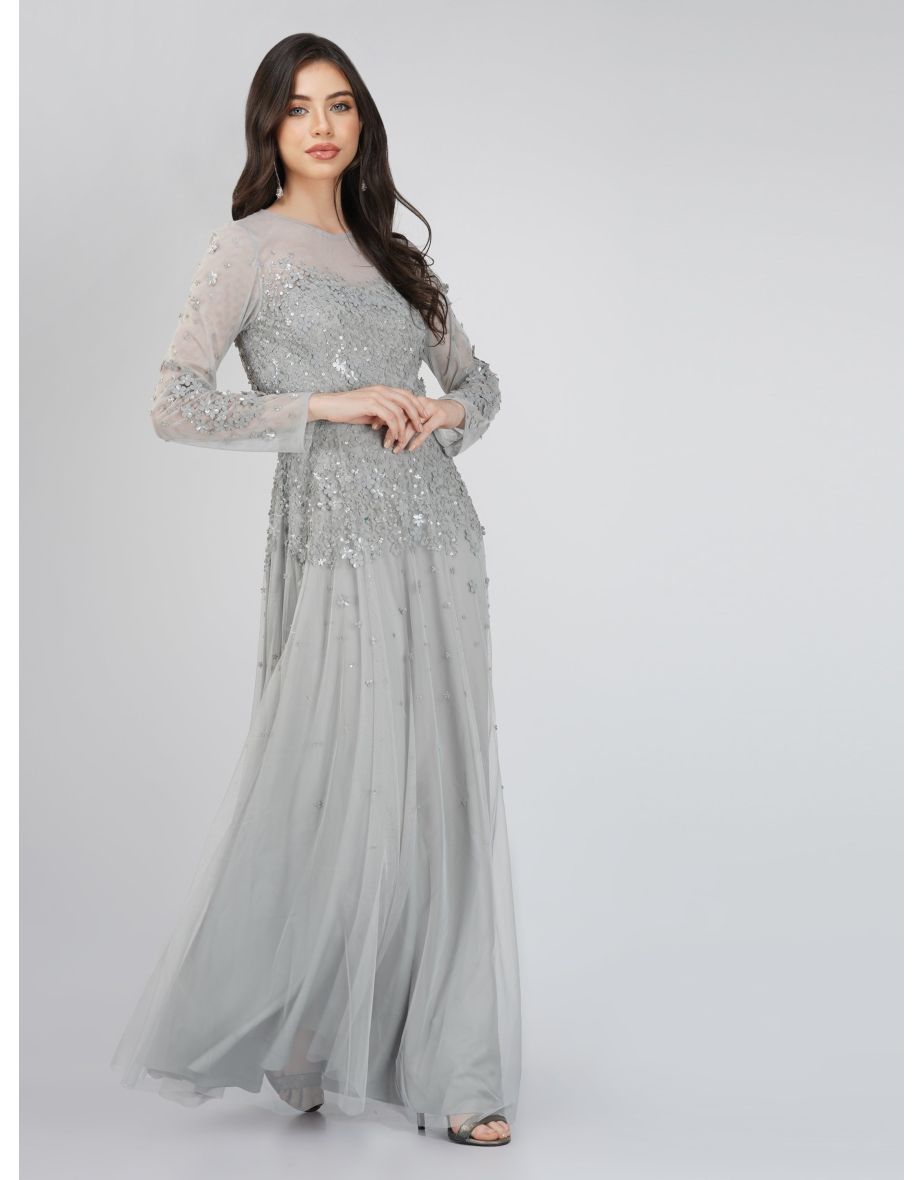 Luciene Long Sleeve Embellished Maxi Dress in Grey - 4
