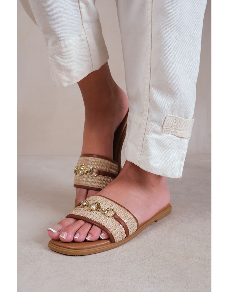HARMONY PU STRAW DETAIL STRAP SANDALS IN TAN FAUX LEATHER