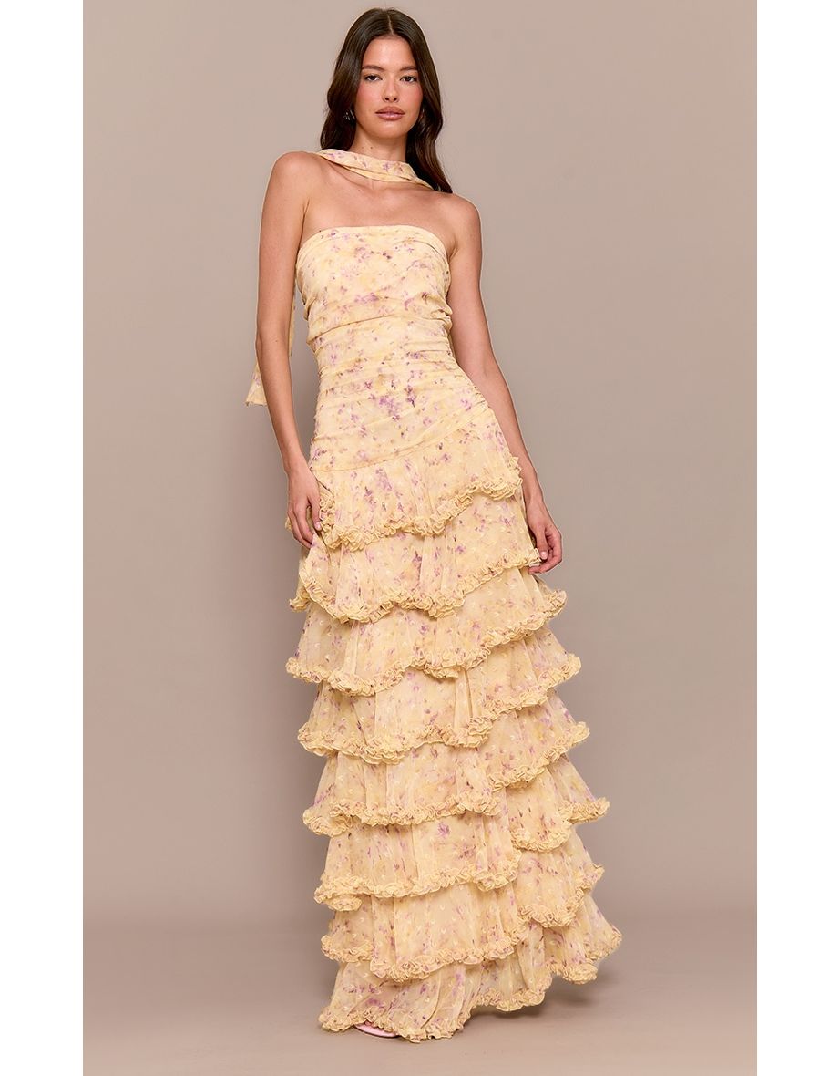 Pastel Yellow Chiffon Ditsy Floral Print Tiered Frill Maxi Dress