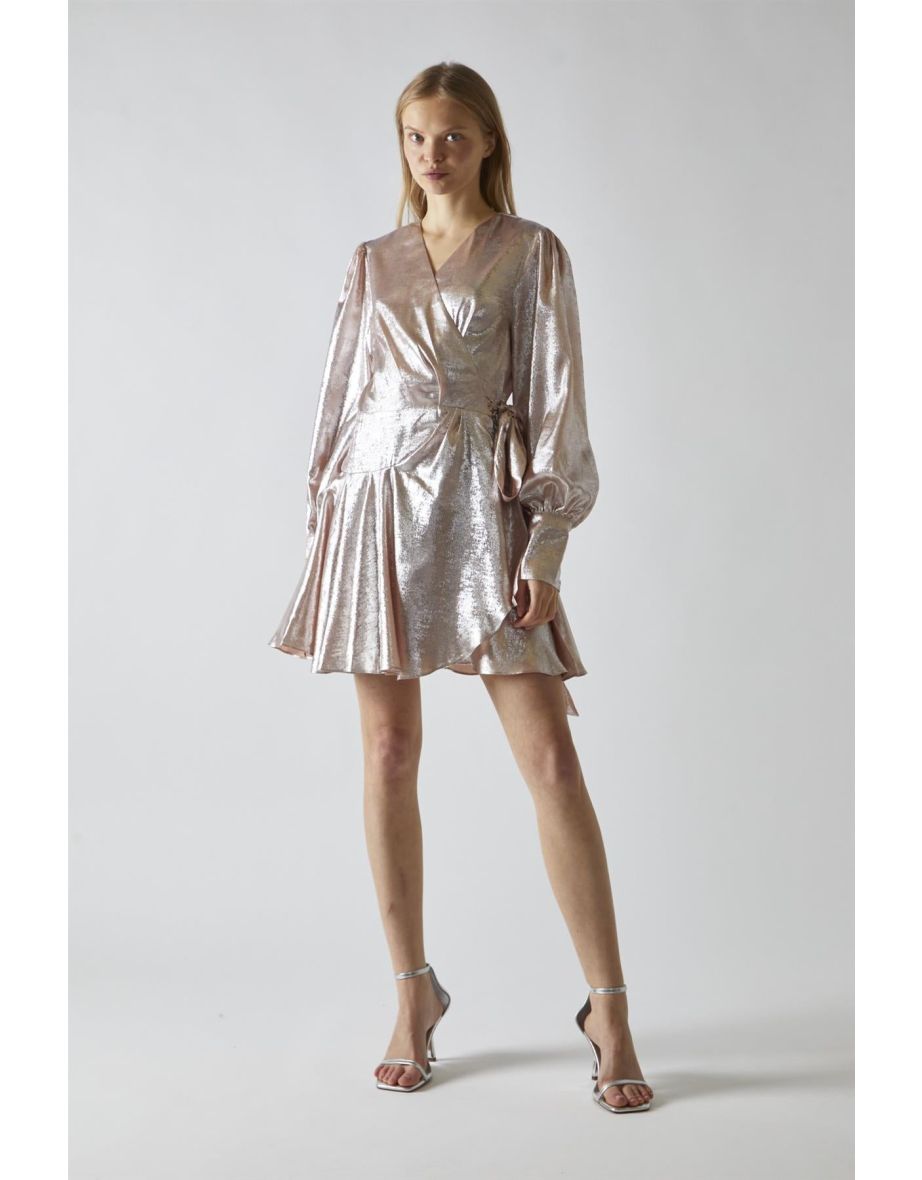 Peach-Metallic Wrap Mini-Dress