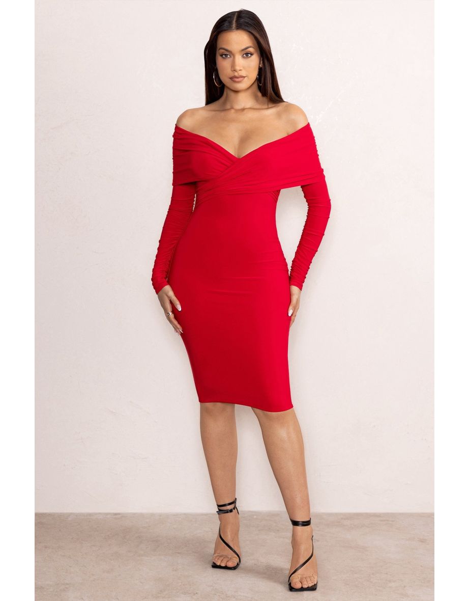 Red Twist Front Bardot Midi Dress