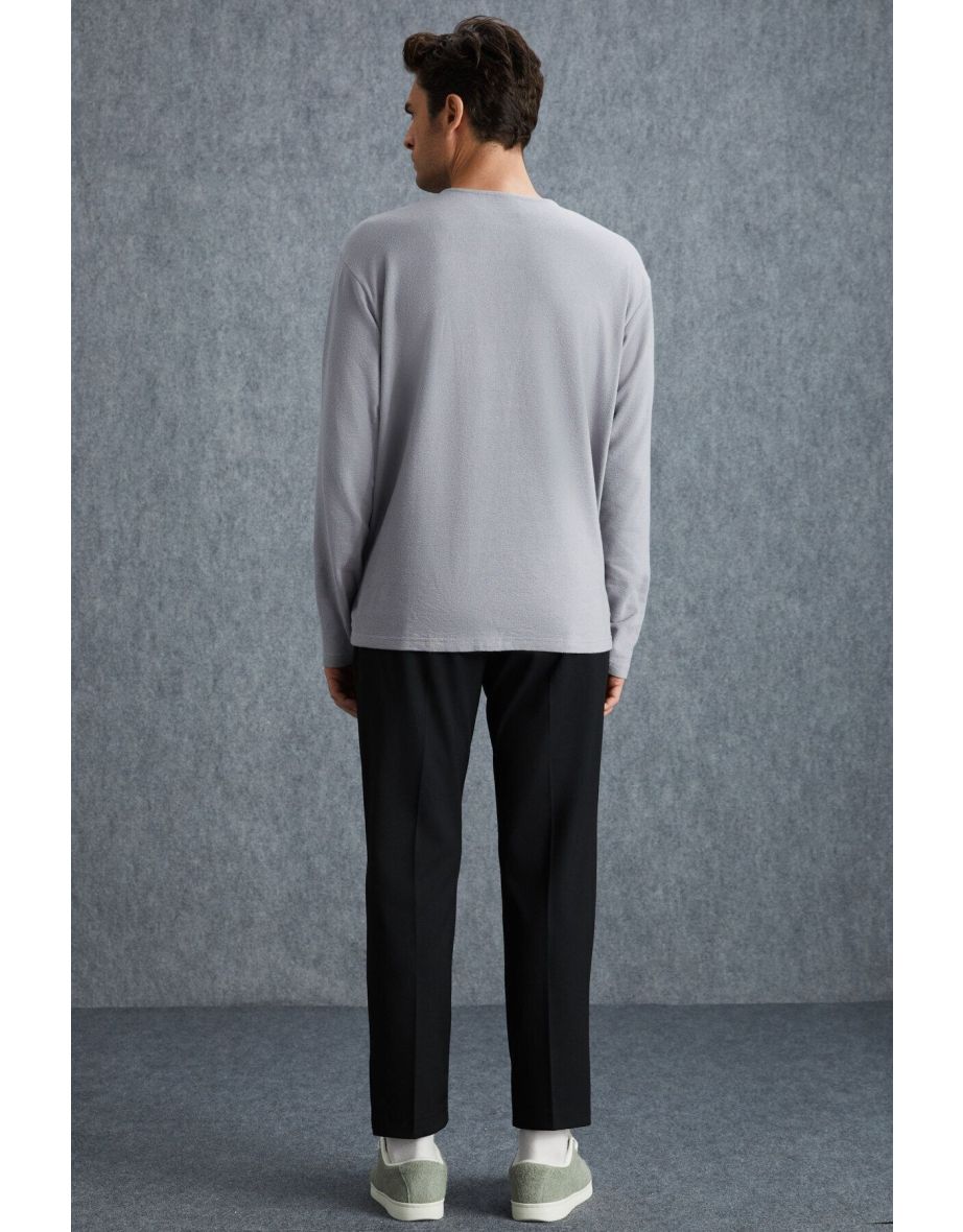 Lorenzo Men's Special Rustic Texture 100% Organic Cotton Button Detail Regular Light Grey Sweatshirt - 4