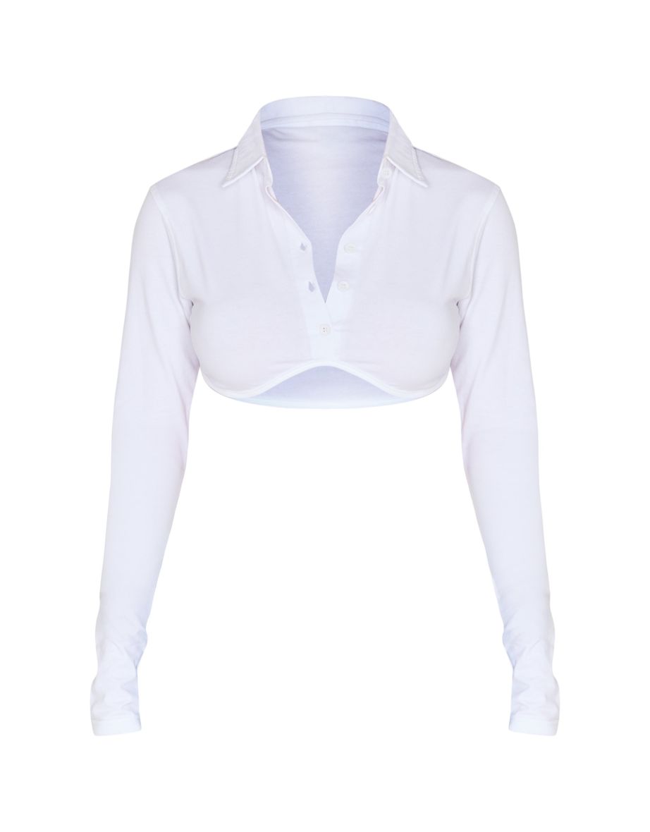 White Cotton Shirt Look Crop Top - 4