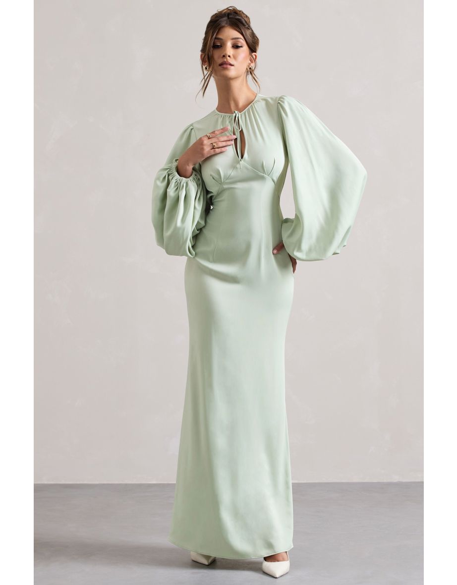 Wild Rose | Light Green Puff-Sleeve Cut-Out Maxi Dress - 4