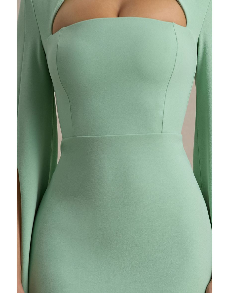 Linden | Light Green Bodycon Cape-Sleeve Midi Dress - 5