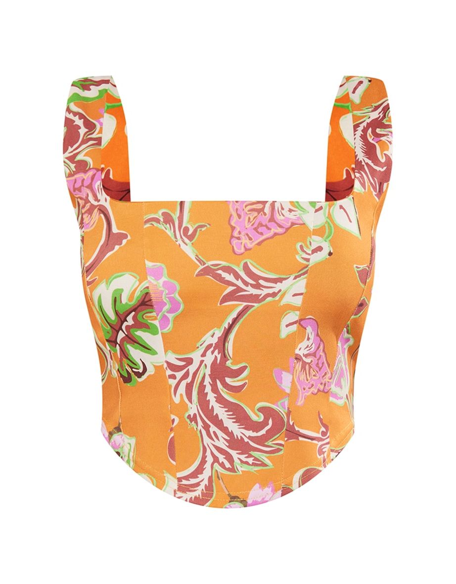 Orange Floral Print Stretch Woven Dip Hem Corset Top - 4