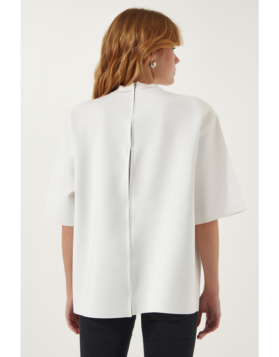 Women's White Back Zipper Detail Knitted Scuba T-Shirt - 7