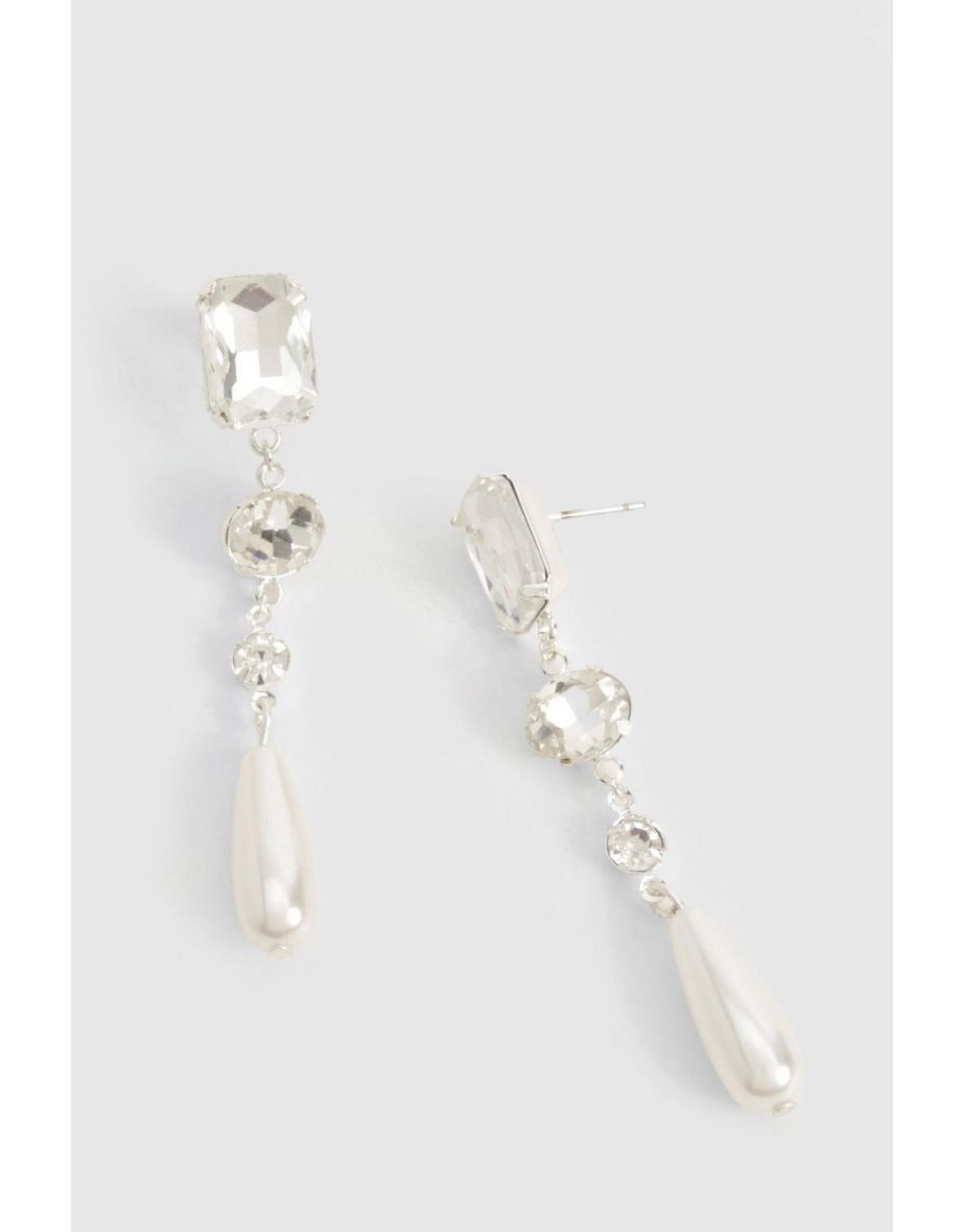 Diamante Pearl Drop Statement Earrings - silver - 2