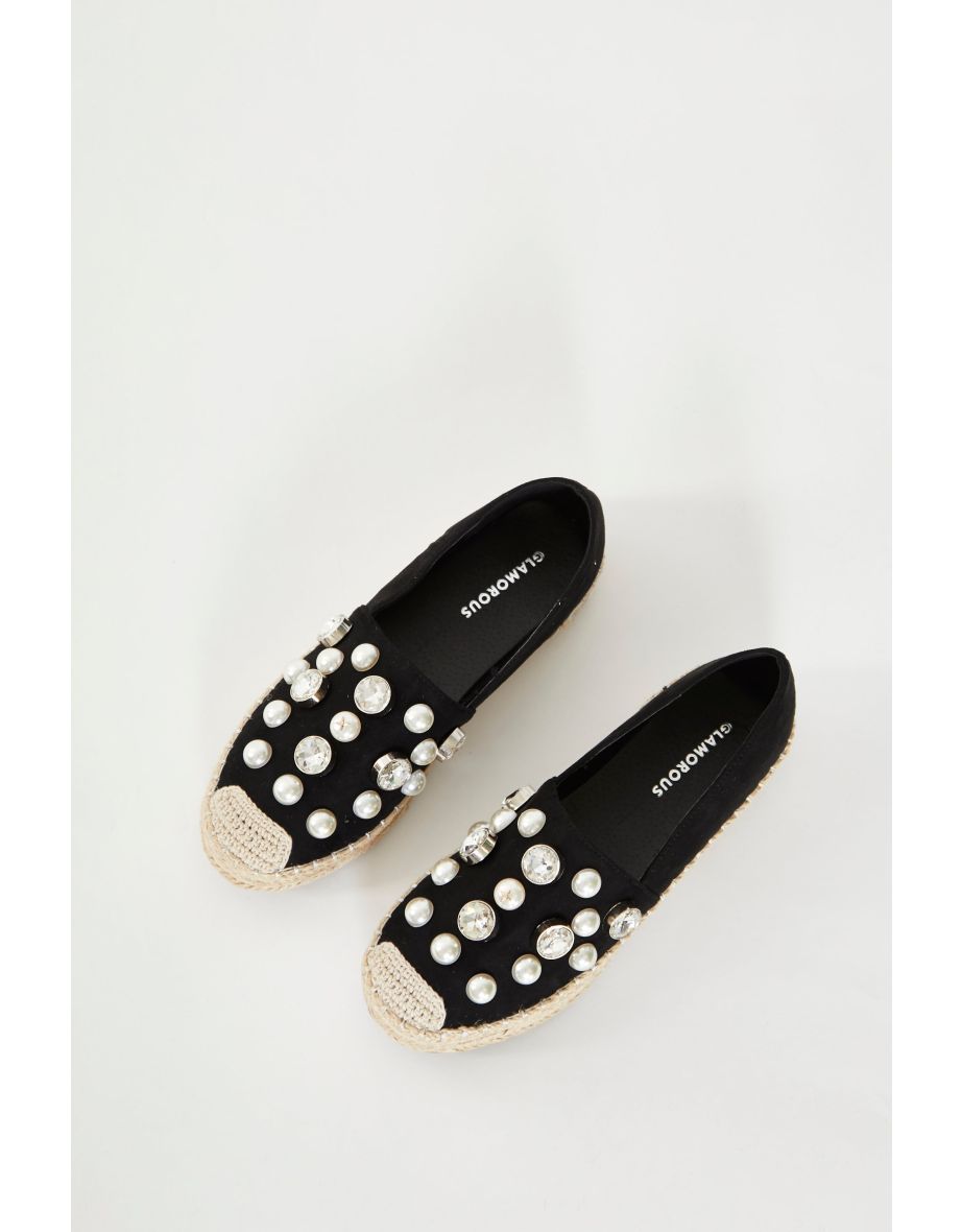 Glamorous Black Embellished Flat Espadrille Shoes